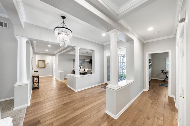 12554 Tejas Ct, Rancho Cucamonga, CA 91739 - corridor featuring ornate columns, light wood-style floors, ornamental molding, and recessed lighting
