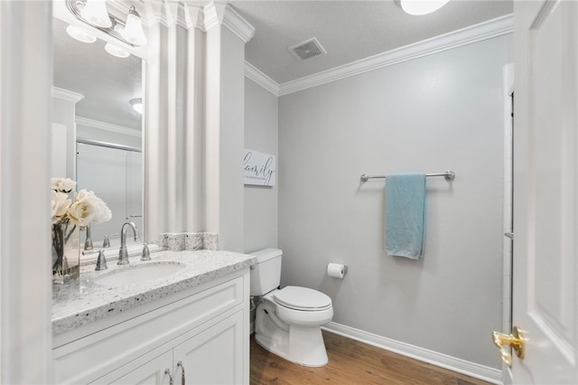 12554 Tejas Ct, Rancho Cucamonga, CA 91739 - full bath with ornamental molding, wood finished floors, vanity, and an enclosed shower