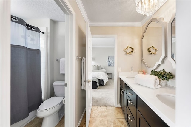 12554 Tejas Ct, Rancho Cucamonga, CA 91739 - ensuite bathroom featuring double vanity, a textured ceiling, ornamental molding, a shower, and tile patterned flooring
