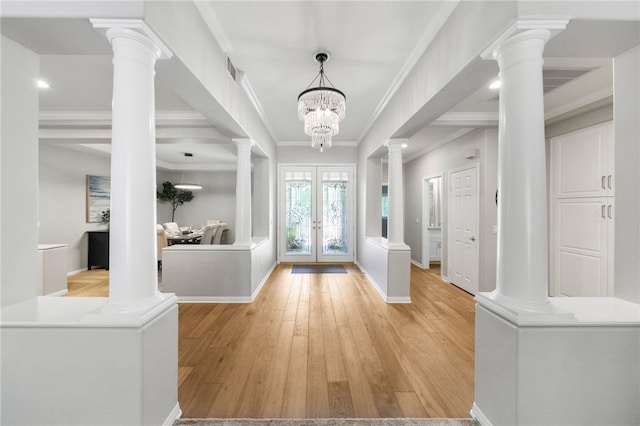 12554 Tejas Ct, Rancho Cucamonga, CA 91739 - entrance foyer with french doors, light wood-type flooring, crown molding, decorative columns, and a chandelier