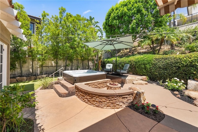 12554 Tejas Ct, Rancho Cucamonga, CA 91739 - fenced backyard with an outdoor hot tub, a patio, and an outdoor fire pit