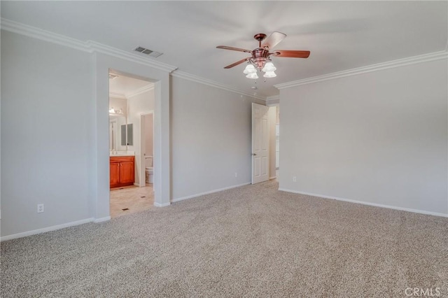 26946 Shelter Cove Ct, Menifee, CA 92585 - empty room featuring ceiling fan, light colored carpet, and crown molding