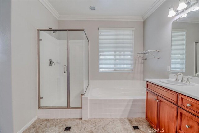 26946 Shelter Cove Ct, Menifee, CA 92585 - bathroom with a shower stall, vanity, a garden tub, crown molding, and tile patterned flooring