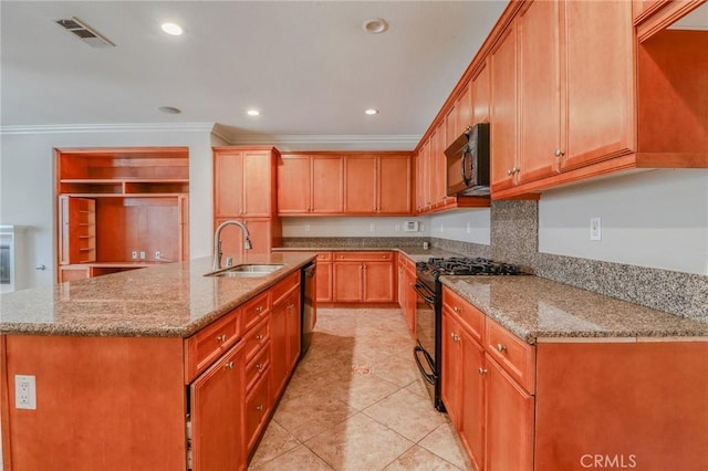 26946 Shelter Cove Ct, Menifee, CA 92585 - kitchen with black appliances, ornamental molding, a kitchen island with sink, light stone countertops, and recessed lighting