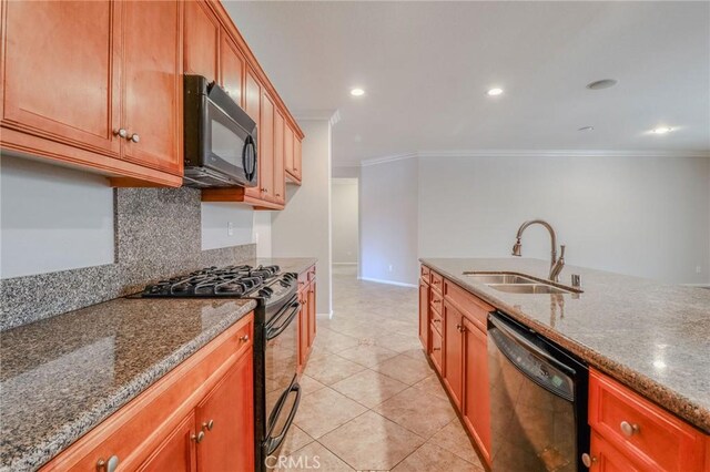 26946 Shelter Cove Ct, Menifee, CA 92585 - kitchen featuring black appliances, ornamental molding, dark stone counters, tasteful backsplash, and light tile patterned flooring