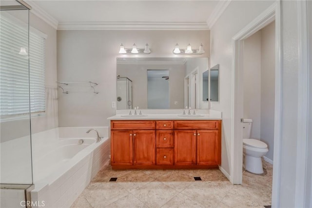 26946 Shelter Cove Ct, Menifee, CA 92585 - bathroom with double vanity, a garden tub, crown molding, a shower stall, and tile patterned flooring