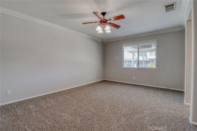 26946 Shelter Cove Ct, Menifee, CA 92585 - unfurnished room featuring carpet, a ceiling fan, and crown molding