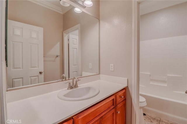 26946 Shelter Cove Ct, Menifee, CA 92585 - bathroom with vanity, tile patterned floors, washtub / shower combination, and crown molding