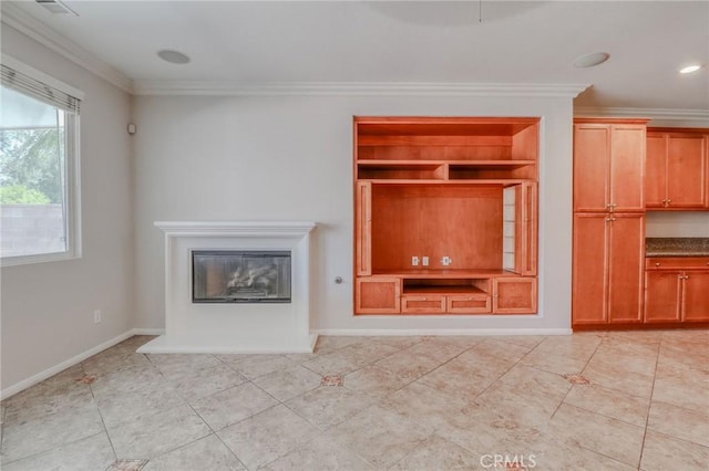 26946 Shelter Cove Ct, Menifee, CA 92585 - unfurnished living room featuring ornamental molding, a glass covered fireplace, and light tile patterned floors