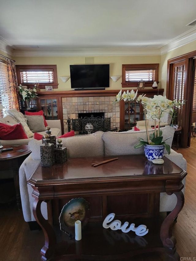 1320 Granada Ave, San Diego, CA 92102 - living area with crown molding, a fireplace, and wood finished floors