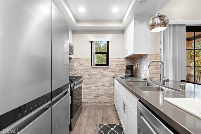 1046 Calle Del Cerro Unit 412, San Clemente, CA 92672 - kitchen featuring stainless steel appliances, white cabinets, light wood-style flooring, a tray ceiling, and decorative light fixtures