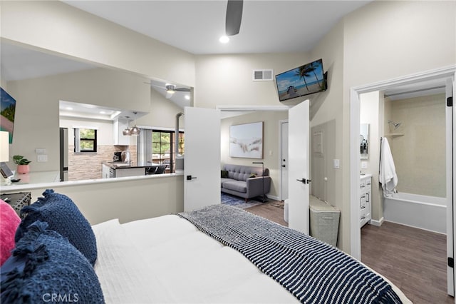 1046 Calle Del Cerro Unit 412, San Clemente, CA 92672 - bedroom with wood finished floors, recessed lighting, and high vaulted ceiling