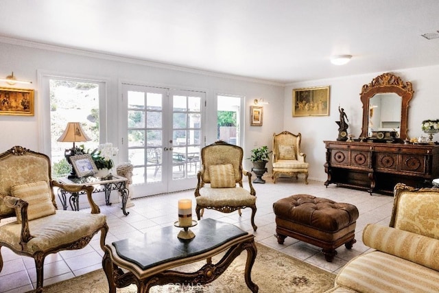 26261 Veva Way, Calabasas, CA 91302 - living room featuring french doors, light tile patterned floors, and crown molding
