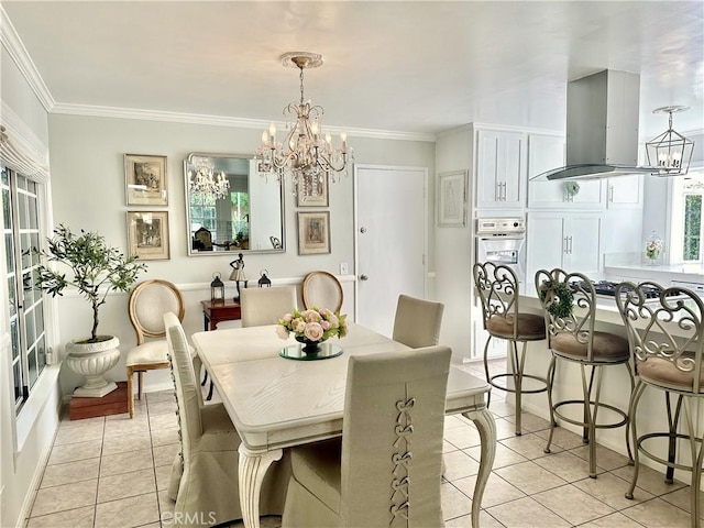 26261 Veva Way, Calabasas, CA 91302 - dining area with a chandelier, light tile patterned flooring, and ornamental molding