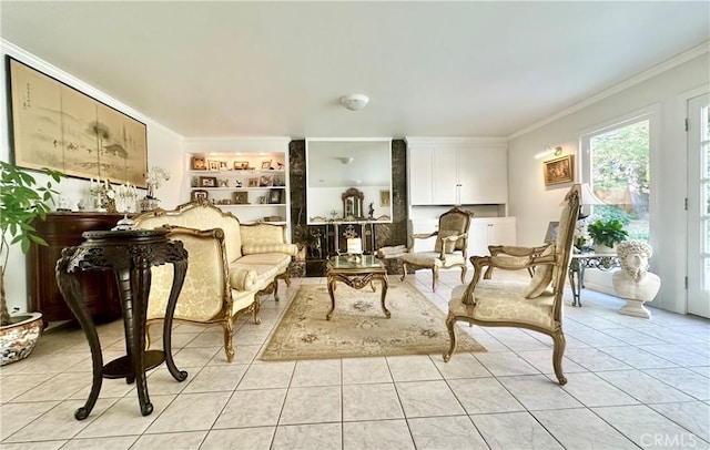 26261 Veva Way, Calabasas, CA 91302 - sitting room with light tile patterned flooring, crown molding, and built in shelves