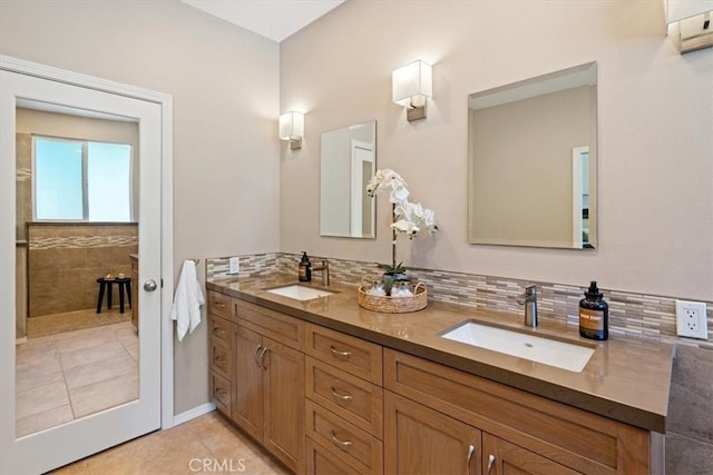 839 Chukar St, Arroyo Grande, CA 93420 - full bath with double vanity, tile patterned flooring, and decorative backsplash