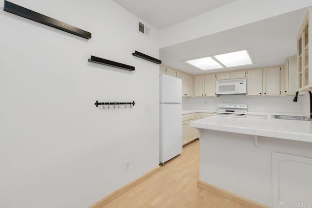 4525 Mississippi St Unit 2, San Diego, CA 92116 - kitchen featuring white appliances, tile counters, a peninsula, and light wood-style floors