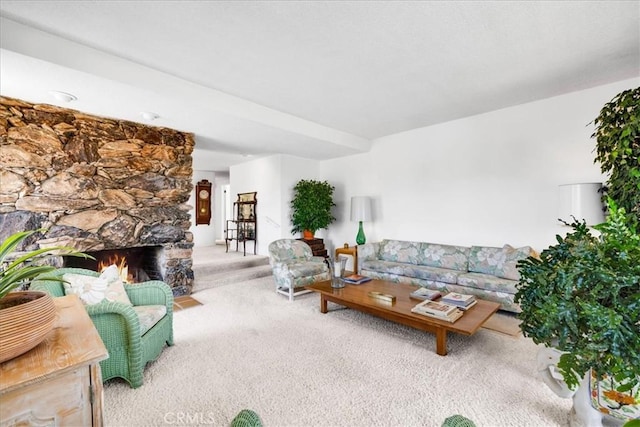 54832 Benecia Trl, Yucca Valley, CA 92284 - living room with carpet floors and a stone fireplace