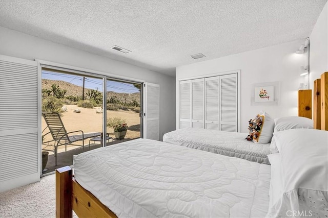 54832 Benecia Trl, Yucca Valley, CA 92284 - bedroom featuring access to exterior, a closet, light carpet, and a textured ceiling