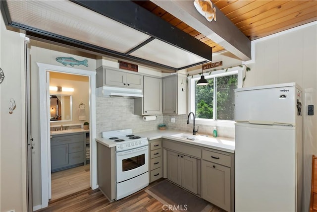33480 Weeping Willow Dr, Green Valley Lake, CA 92341 - kitchen featuring white appliances, gray cabinets, under cabinet range hood, decorative backsplash, and wood finished floors