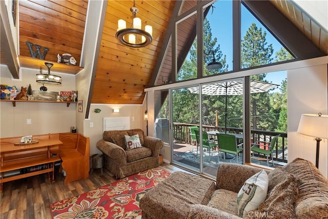 33480 Weeping Willow Dr, Green Valley Lake, CA 92341 - living area featuring wood finished floors, a chandelier, a wooden ceiling with exposed beams, and high vaulted ceiling