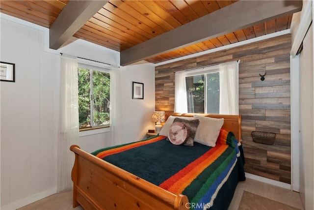 33480 Weeping Willow Dr, Green Valley Lake, CA 92341 - bedroom with wooden walls and a wooden ceiling with exposed beams