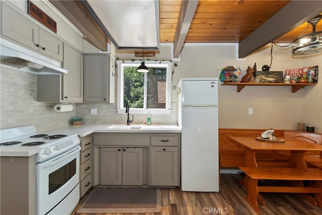 33480 Weeping Willow Dr, Green Valley Lake, CA 92341 - kitchen featuring white appliances, gray cabinets, wood finished floors, beam ceiling, and decorative backsplash