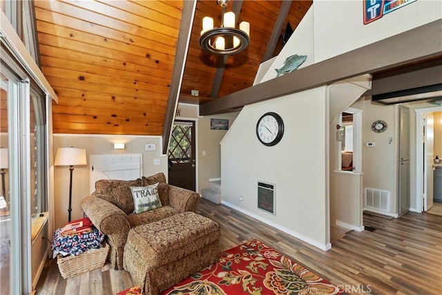 33480 Weeping Willow Dr, Green Valley Lake, CA 92341 - living room featuring wood finished floors, a wood ceiling with exposed beams, high vaulted ceiling, and a chandelier