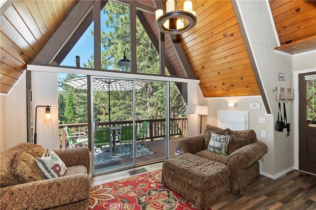 33480 Weeping Willow Dr, Green Valley Lake, CA 92341 - sitting room with vaulted ceiling, wood finished floors, plenty of natural light, and wooden ceiling