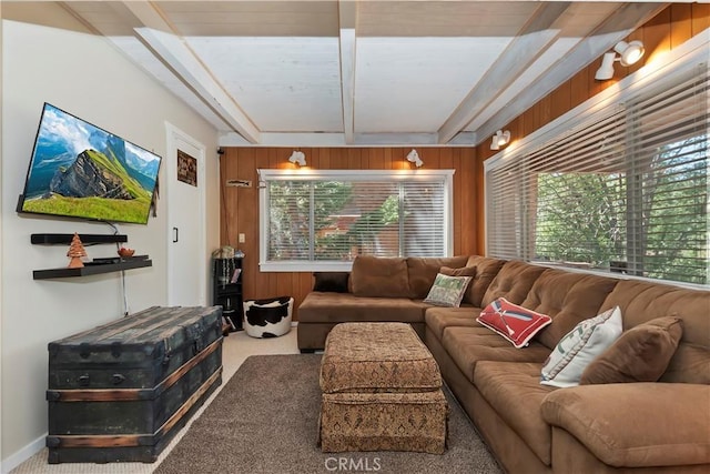 33480 Weeping Willow Dr, Green Valley Lake, CA 92341 - carpeted living room featuring healthy amount of natural light, wooden walls, and beamed ceiling