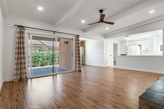 2343 Navarro Dr, Claremont, CA 91711 - unfurnished living room featuring beamed ceiling, wood finished floors, ceiling fan, and recessed lighting