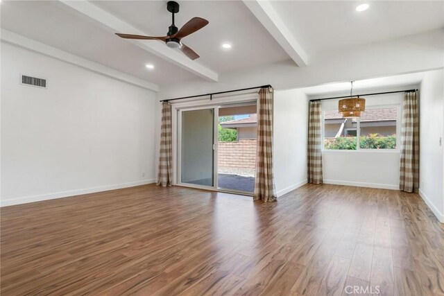 2343 Navarro Dr, Claremont, CA 91711 - unfurnished room featuring beamed ceiling, wood finished floors, ceiling fan, and recessed lighting