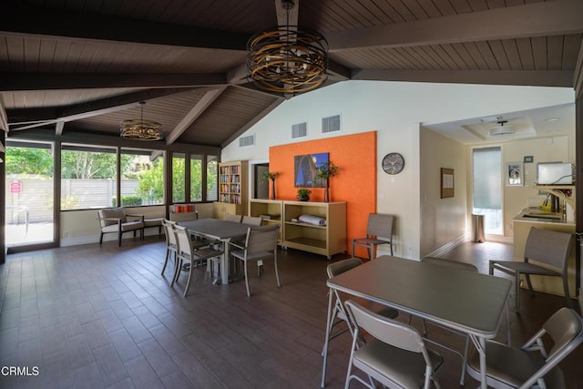 111 S Orange Grove Blvd Unit 203, Pasadena, CA 91105 - dining room featuring wood finished floors, a wooden ceiling with exposed beams, high vaulted ceiling, and a chandelier
