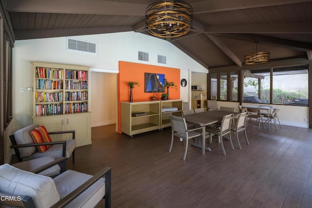 111 S Orange Grove Blvd Unit 203, Pasadena, CA 91105 - dining area featuring dark wood-style floors, a chandelier, high vaulted ceiling, and a wood ceiling with exposed beams