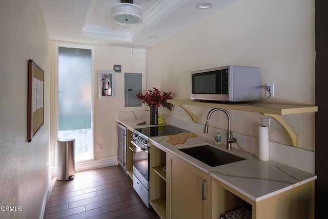 111 S Orange Grove Blvd Unit 203, Pasadena, CA 91105 - kitchen featuring stainless steel appliances, electric panel, open shelves, and light countertops