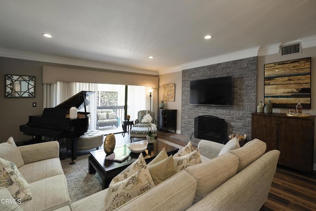 111 S Orange Grove Blvd Unit 203, Pasadena, CA 91105 - living room with a fireplace, ornamental molding, recessed lighting, and wood finished floors