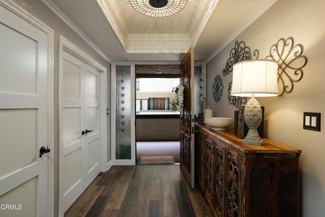 111 S Orange Grove Blvd Unit 203, Pasadena, CA 91105 - hallway featuring dark wood-style flooring, a tray ceiling, and crown molding