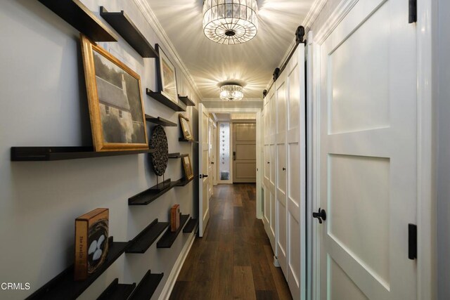 111 S Orange Grove Blvd Unit 203, Pasadena, CA 91105 - hallway featuring a chandelier, a barn door, dark wood-style flooring, and crown molding