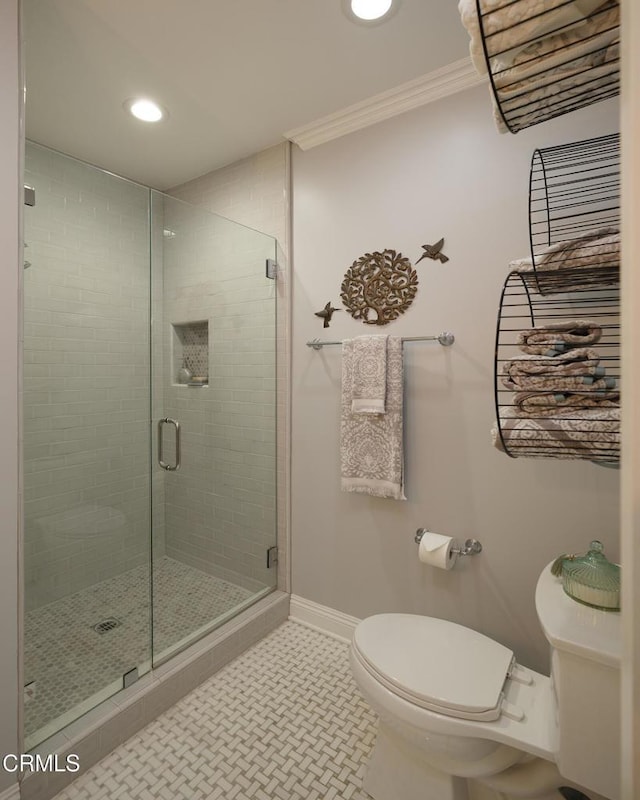 111 S Orange Grove Blvd Unit 203, Pasadena, CA 91105 - bathroom featuring a stall shower, crown molding, and recessed lighting