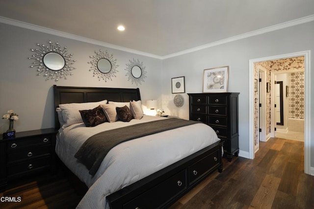 111 S Orange Grove Blvd Unit 203, Pasadena, CA 91105 - bedroom featuring ornamental molding, dark wood-style floors, and recessed lighting