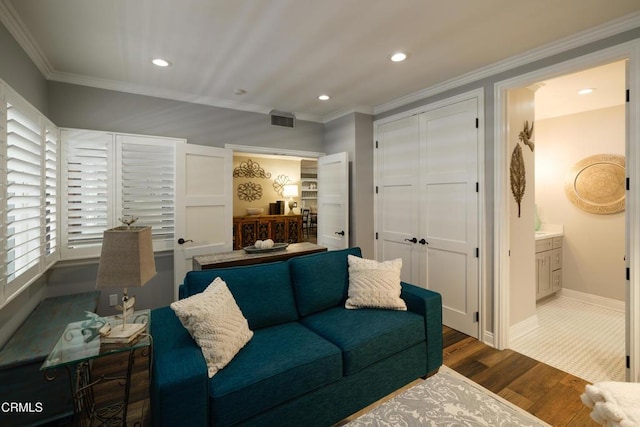 111 S Orange Grove Blvd Unit 203, Pasadena, CA 91105 - living area with dark wood-type flooring, recessed lighting, and crown molding