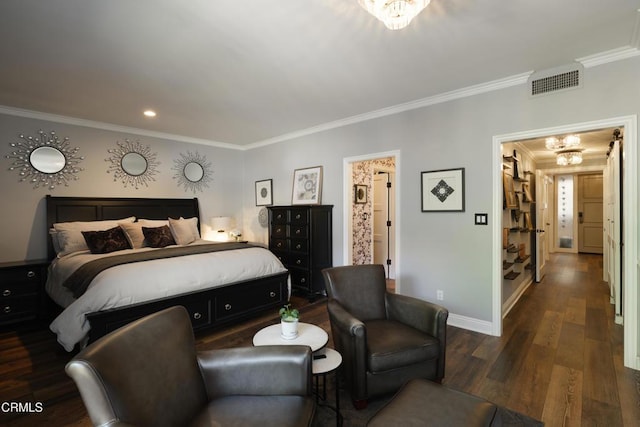 111 S Orange Grove Blvd Unit 203, Pasadena, CA 91105 - bedroom featuring crown molding, a chandelier, dark wood-style flooring, and recessed lighting