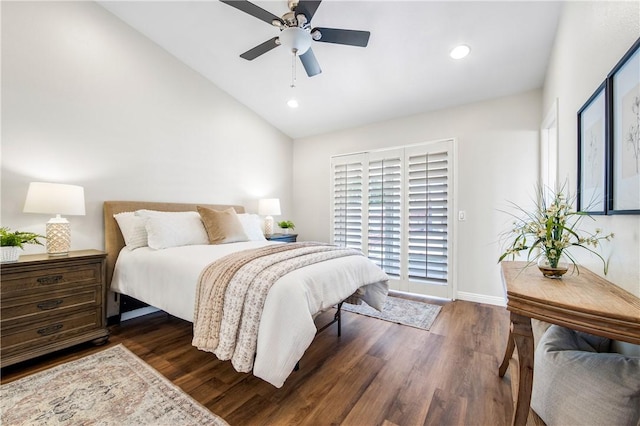 8761 Sandhill Dr, Riverside, CA 92508 - bedroom with vaulted ceiling, dark wood-style flooring, recessed lighting, and a ceiling fan