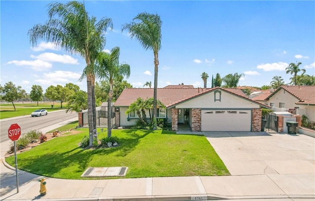 8761 Sandhill Dr, Riverside, CA 92508 - view of front facade featuring a garage, a tile roof, concrete driveway, a front yard, and stucco siding