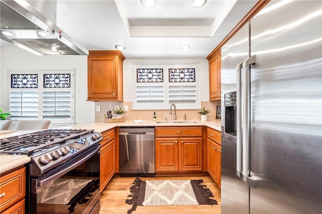 8761 Sandhill Dr, Riverside, CA 92508 - kitchen featuring stainless steel appliances, wall chimney exhaust hood, a tray ceiling, light wood-style floors, and light countertops