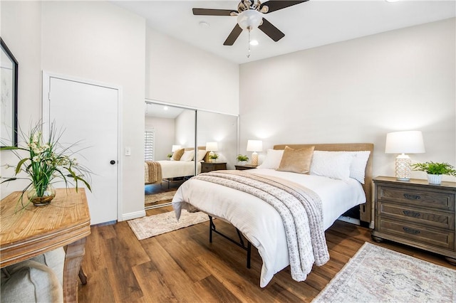 8761 Sandhill Dr, Riverside, CA 92508 - bedroom featuring wood finished floors, recessed lighting, a ceiling fan, and a towering ceiling