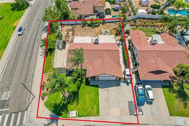 8761 Sandhill Dr, Riverside, CA 92508 - aerial view of residential area featuring property boundaries highlighted