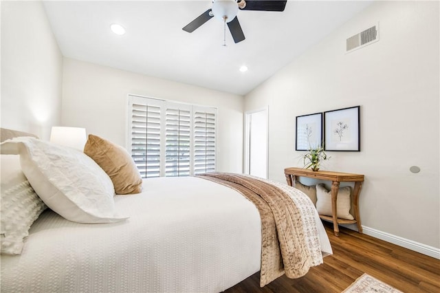 8761 Sandhill Dr, Riverside, CA 92508 - bedroom featuring wood finished floors, vaulted ceiling, a ceiling fan, and recessed lighting