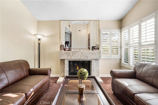 3718 Berkshire Rd, Pico Rivera, CA 90660 - living area with carpet flooring, a textured ceiling, and a fireplace