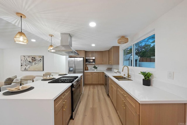 709 Puebla St, Encinitas, CA 92024 - kitchen featuring island range hood, stainless steel appliances, light wood finished floors, light countertops, and recessed lighting